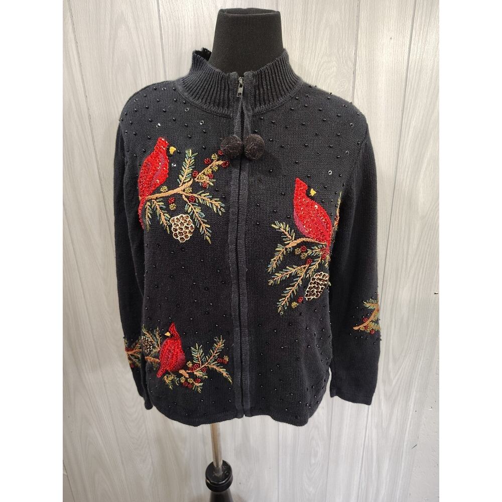 Women's Embellished Full Zip Sweater M Cardinal Grandma Core Mom Embroidered
